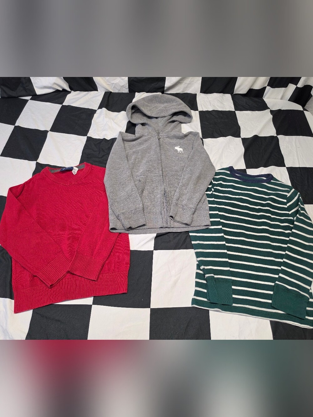 Kids Red Place Crewneck, Gray Abercrombie Zip Hoodie & Green Striped Pullover